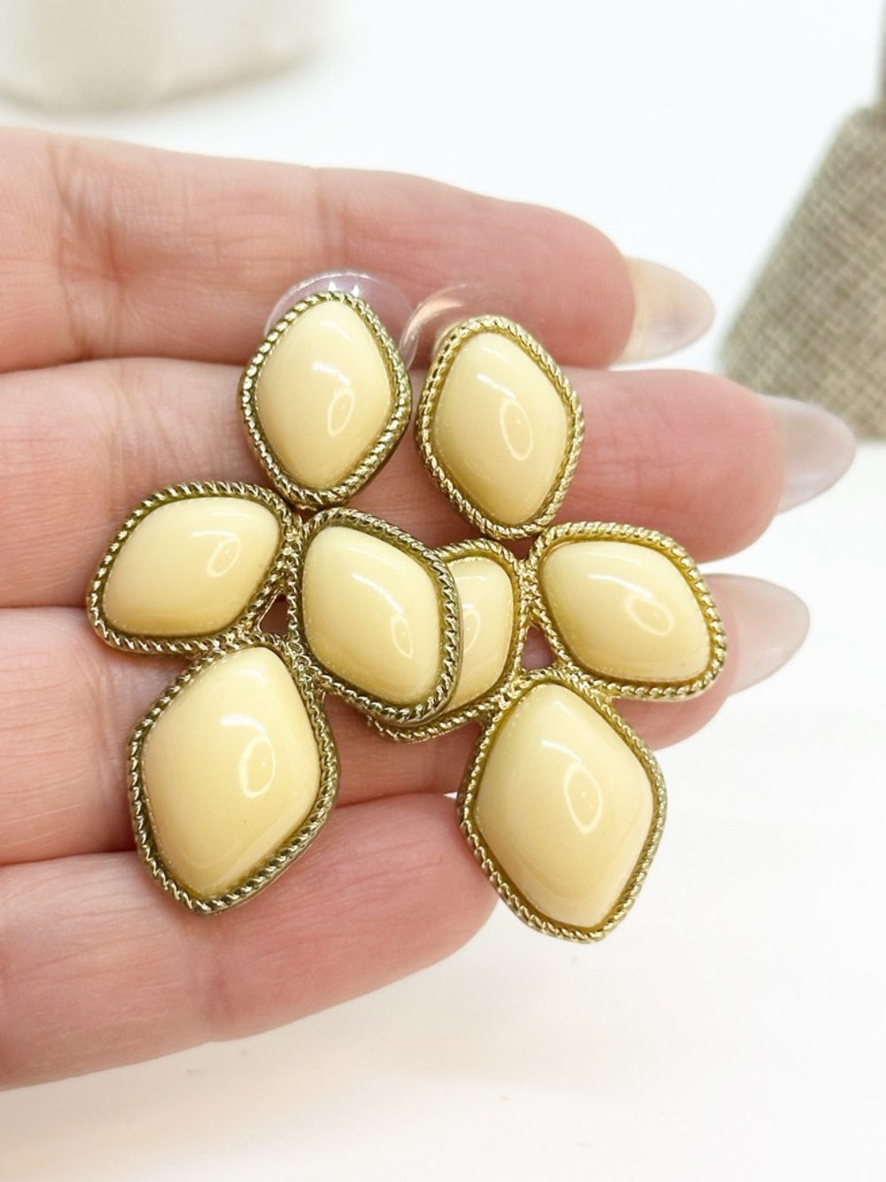 Geometric Statement Earrings Elegant Cream Cluster Gold Tone Trim